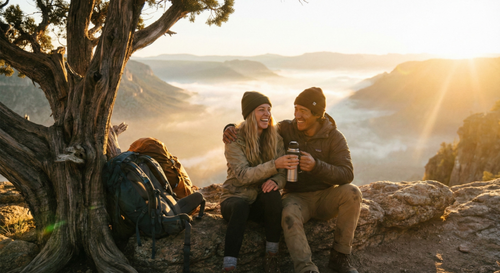 A landscape photograph of two smiling travelers, a woman and a man, sitting on a rocky outcrop overlooking a vast mountain valley at sunrise. They are sharing a thermos of coffee, with backpacks leaning against a tree. The light is golden and warm, creating a sense of shared adventure and connection. The mood is happy and free.