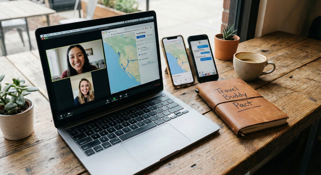 A close-up landscape photograph of a laptop and two smartphones on a wooden cafe table. On the screens, there's a video call between two people, and a shared travel itinerary map is visible. A notebook with "Travel Buddy Pact" written on it lies beside the devices. This visually represents the digital planning and vetting process described in the blog.