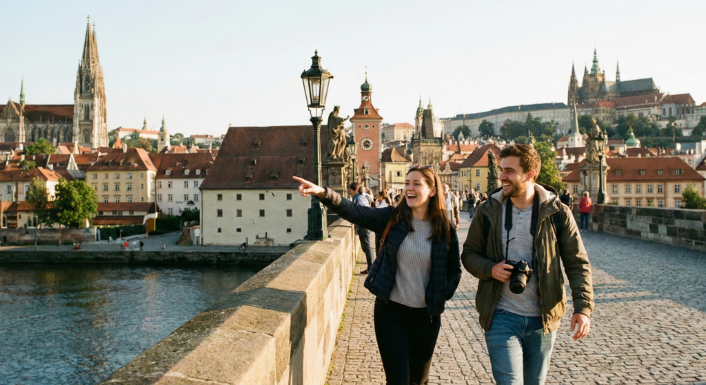 A wide landscape photograph of two friends, one with a camera and one pointing, walking across a stone bridge in a historic European city. They are both laughing. Below them, a river flows, and in the distance, there are old buildings. This image captures the "shared memories" and "logistics working seamlessly" theme.